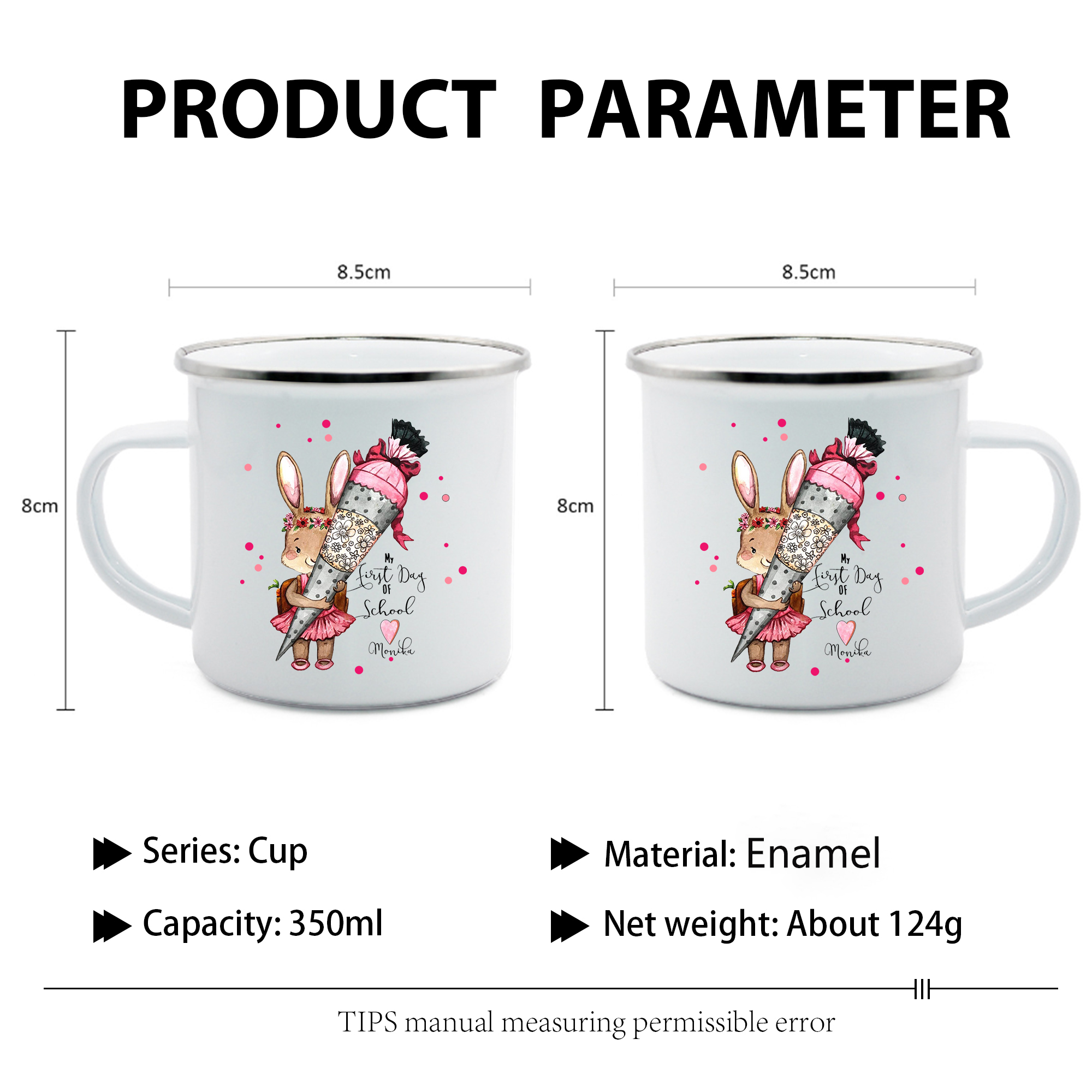 Personalised Enamel Mug Custom 1 Name Bunny Cup Back to School Gift for Girls - My First Day Of School-Jessemade AU