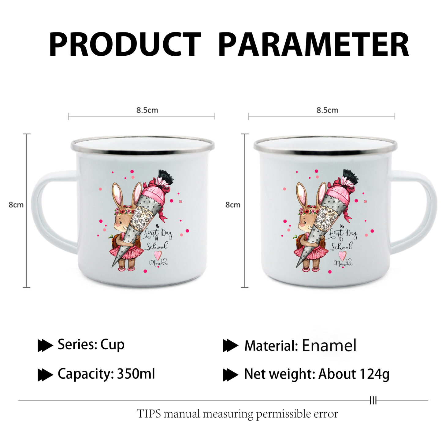 Personalised Enamel Mug Custom 1 Name Bunny Cup Back to School Gift for Girls - My First Day Of School-Jessemade AU