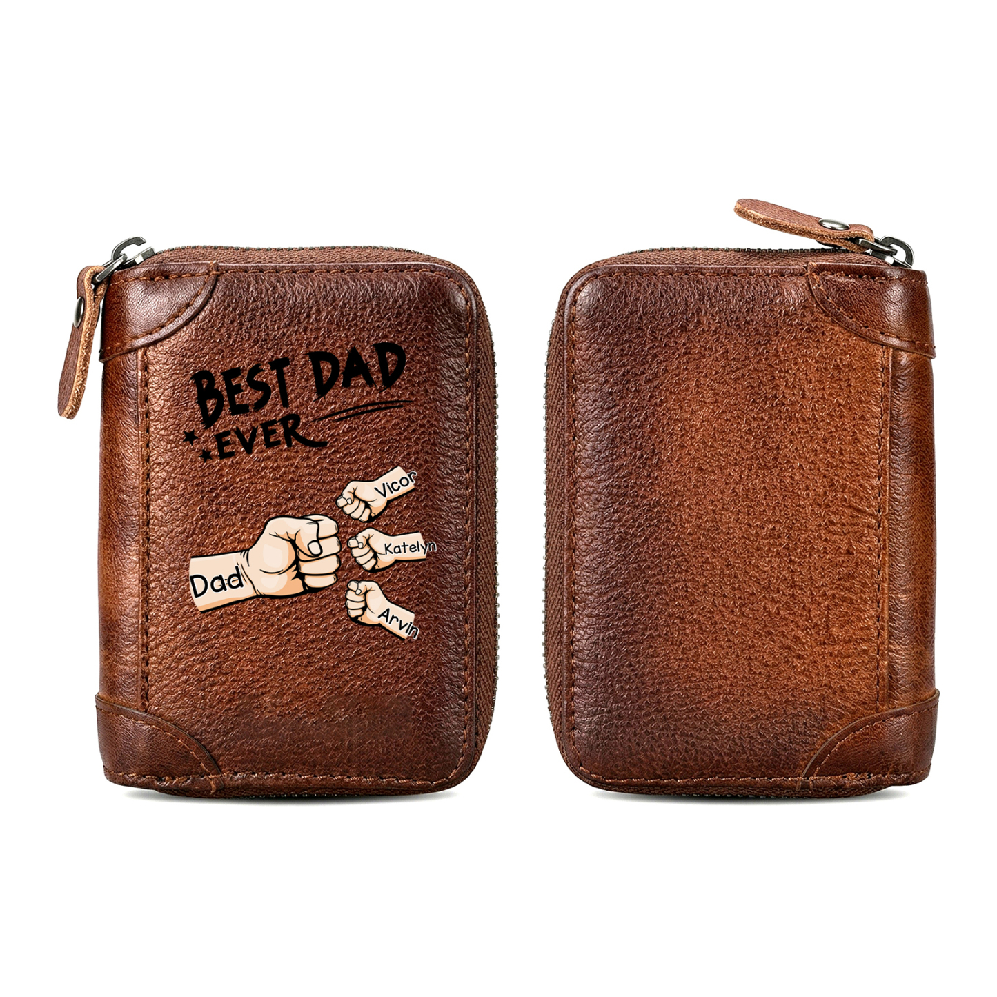 Personalised Genuine Leather Card Holder with 1–6 Names and Fist Bumps, Zipped Wallet for Dad/Grandad