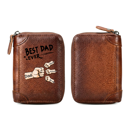 Personalised Genuine Leather Card Holder with 1–6 Names and Fist Bumps, Zipped Wallet for Dad/Grandad