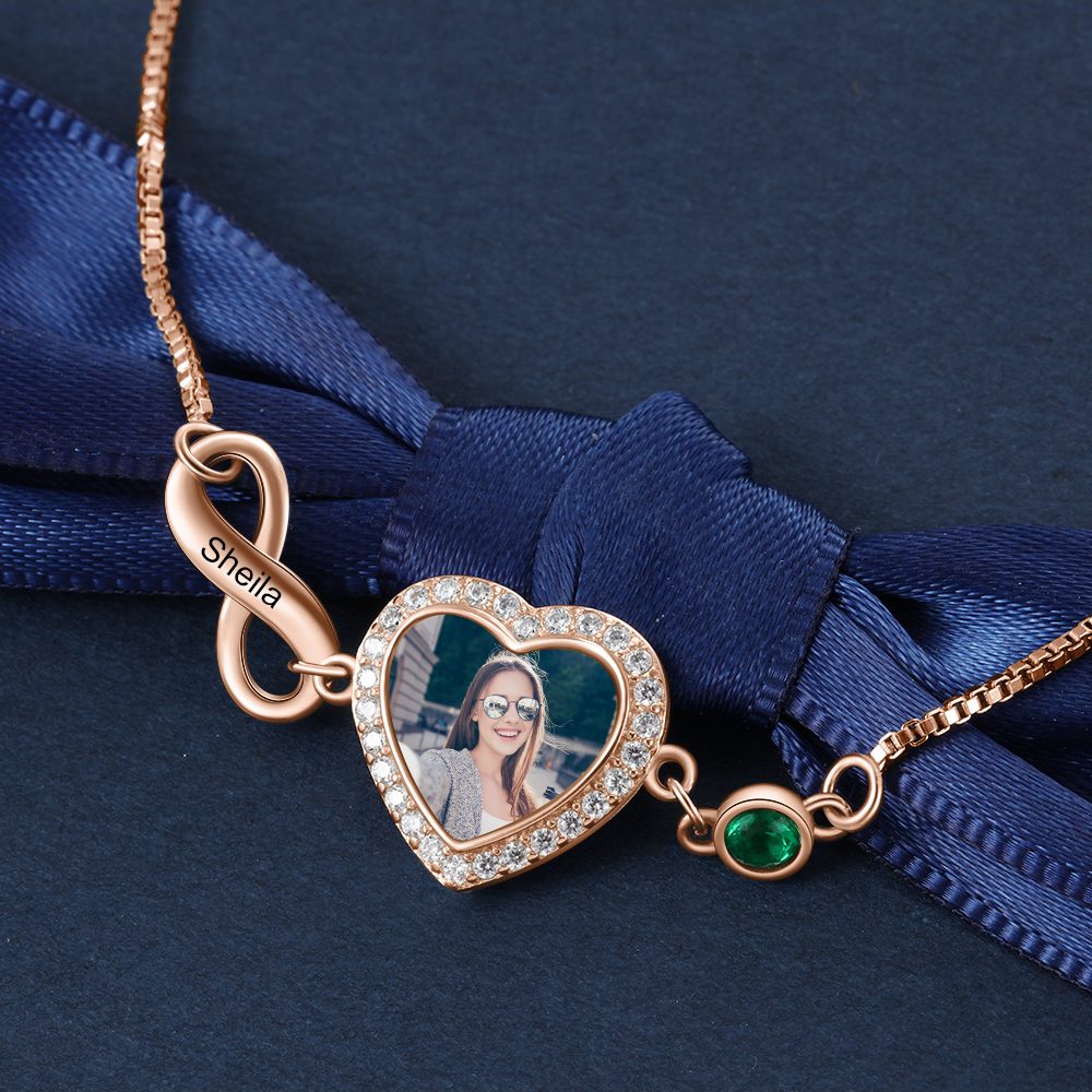 Infinity Love Heart Photo Bracelet with Birthstone Personalised with Engraving