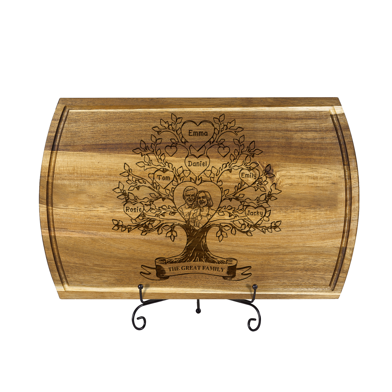 Family Tree Cutting Board with Stand Personalised 1 Photo & 1 Text Engraved 2-7 Names Wooden Gifts for Family Friends | Jessemade-Jessemade AU