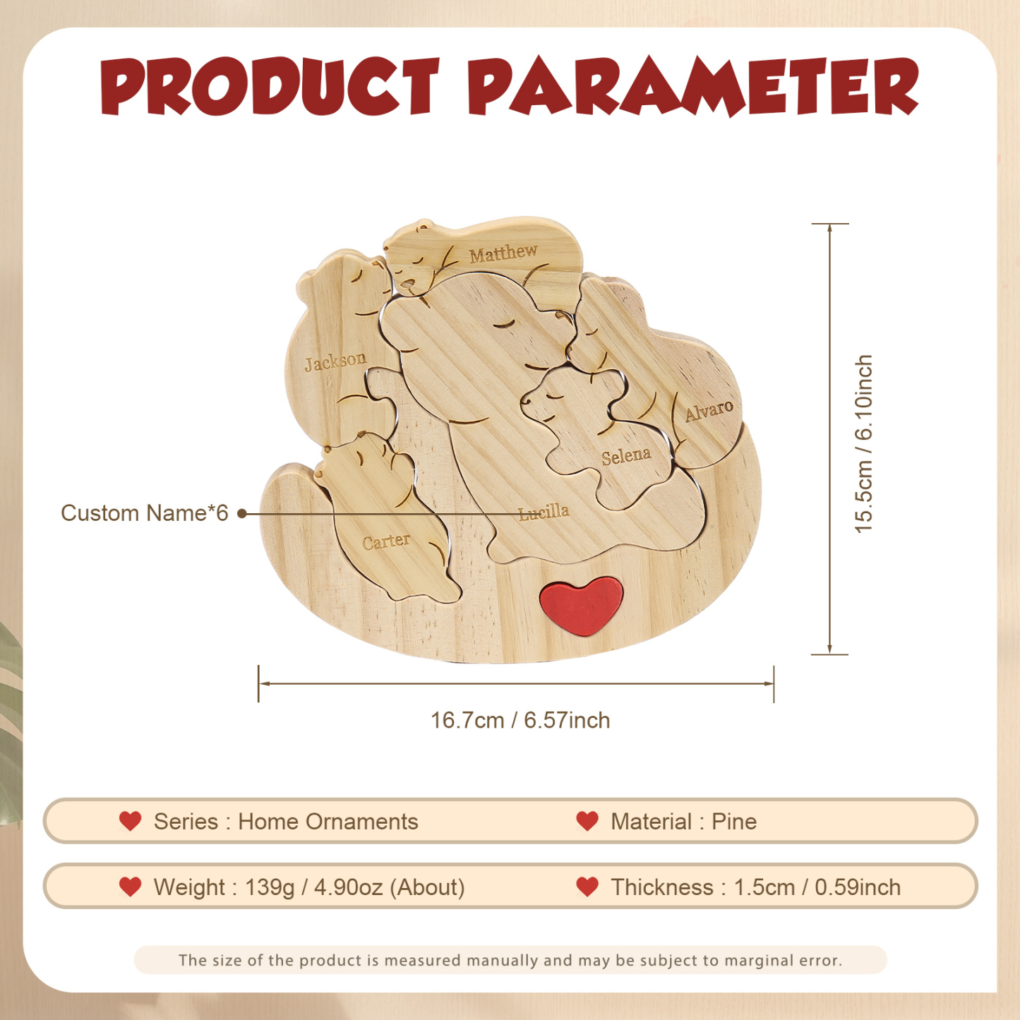 Personalised Wooden Bear Family Puzzles Custom 6 Names Animal Heart Ornaments Fathers Day Gifts-Jessemade AU
