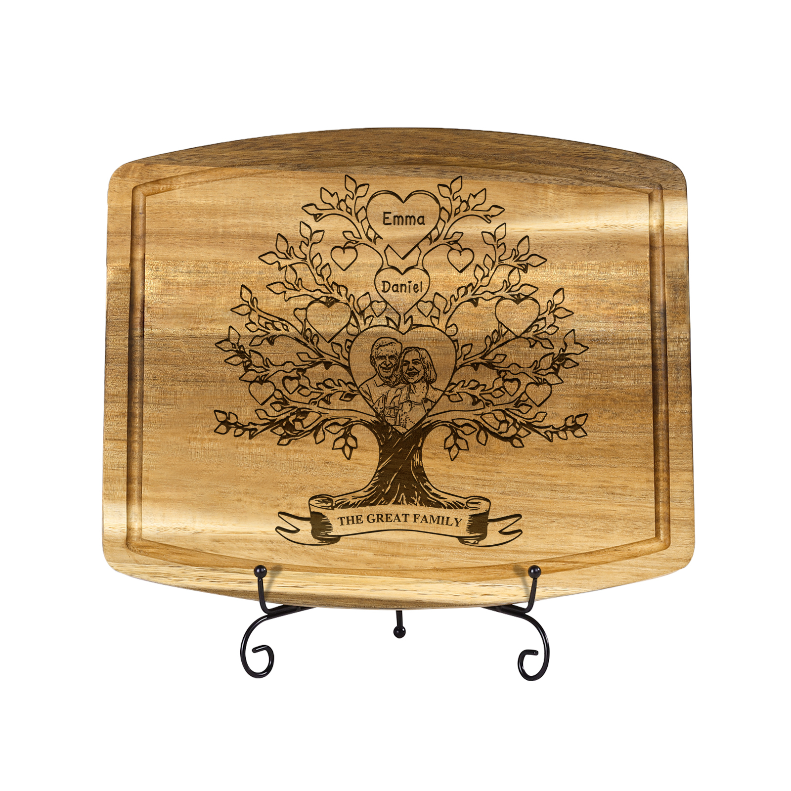Family Tree Cutting Board with Stand Personalised 1 Photo & 1 Text Engraved 2-7 Names Wooden Gifts for Family Friends | Jessemade-Jessemade AU