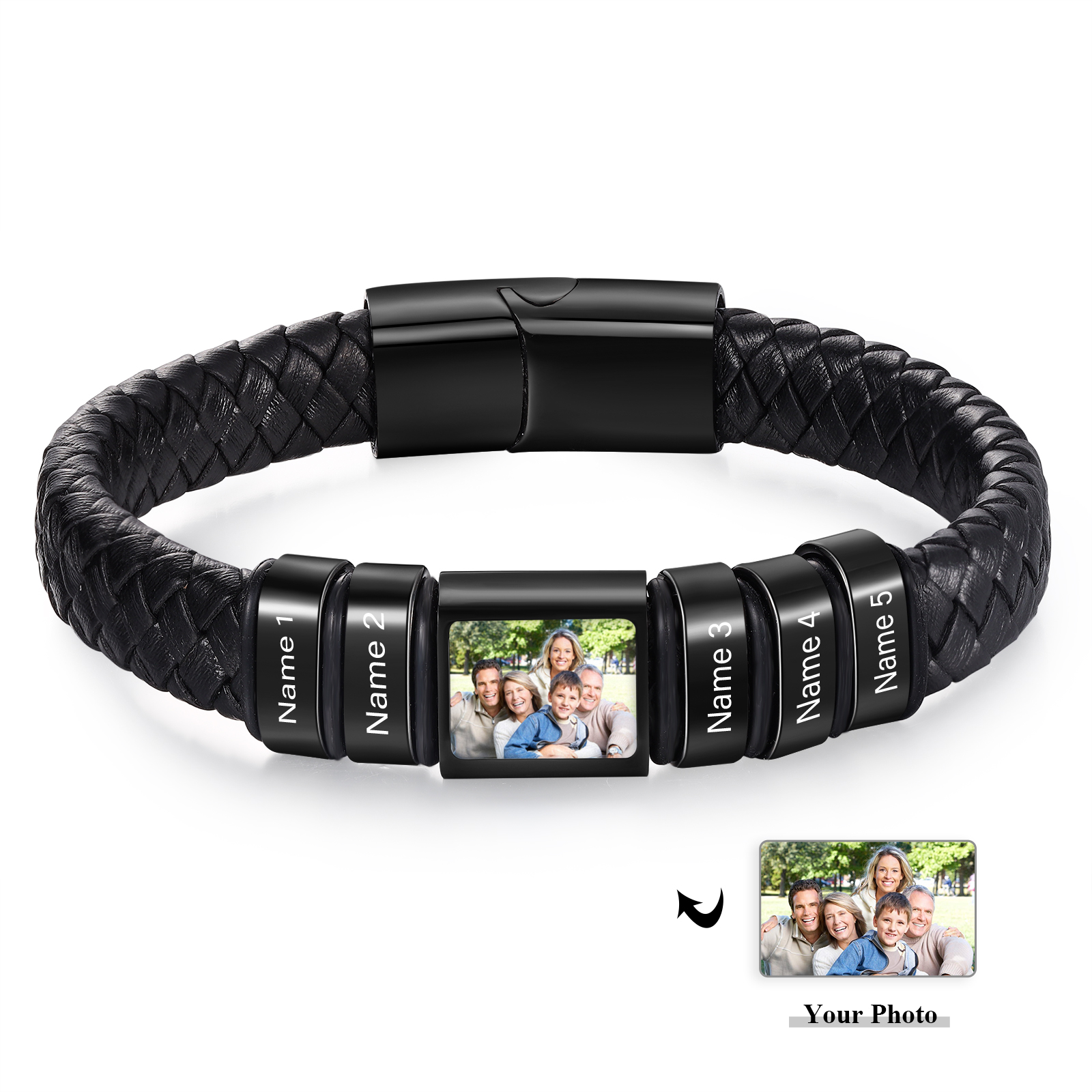 Personalised Men's Leather Bracelet Custom 1 Photo & 1–6 Names Black Silver Gift for Him-Jessemade AU