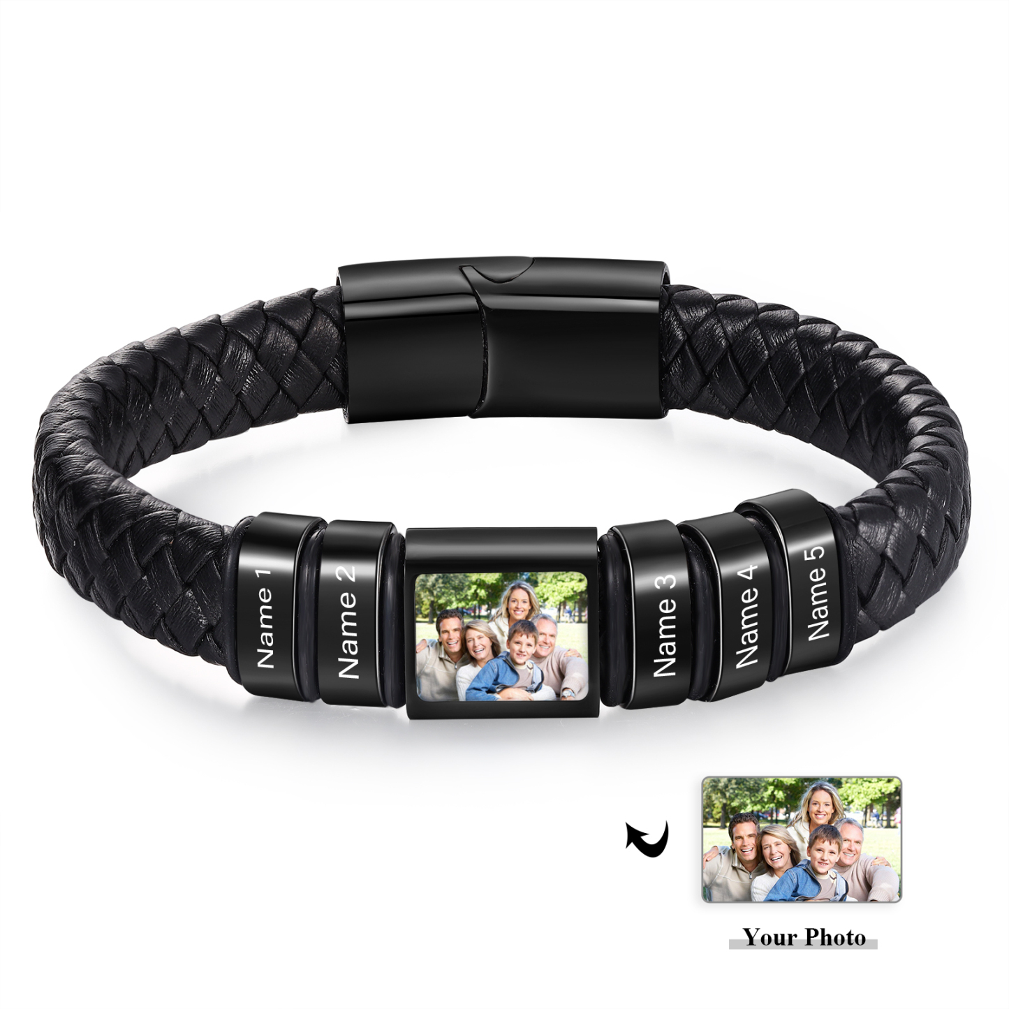 Personalised Men's Leather Bracelet Custom 1 Photo & 1–6 Names Black Silver Gift for Him-Jessemade AU