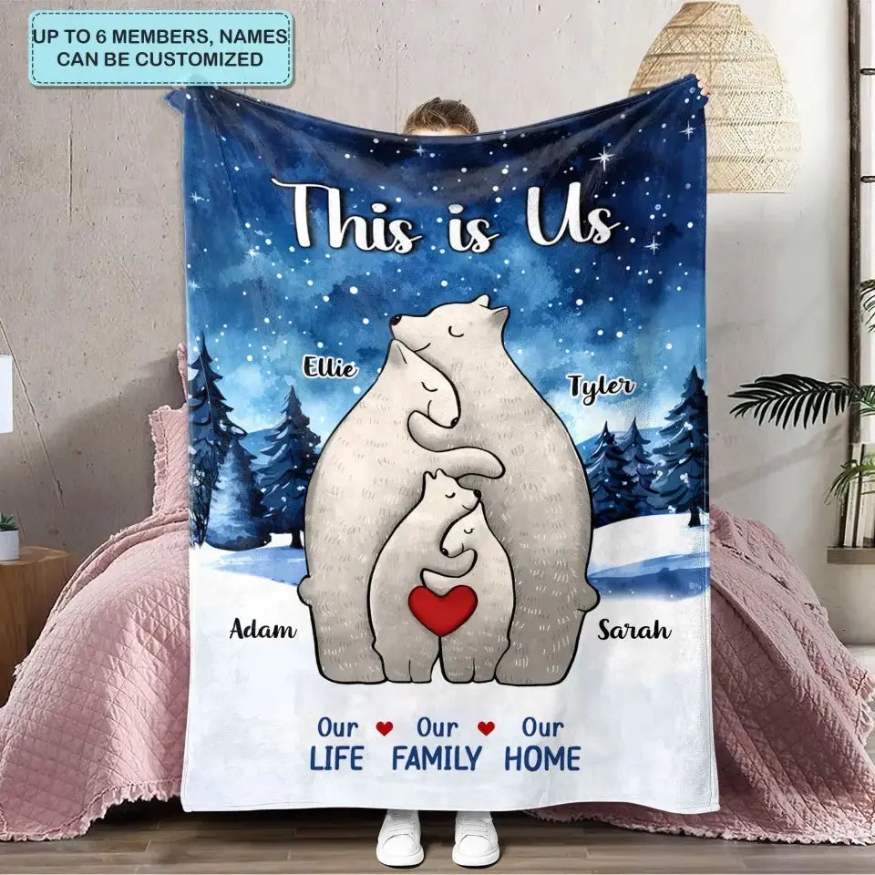 Personalised Polar Bear Family Flannel Blanket Custom 4 Names Gift For Mom Dad & Kids