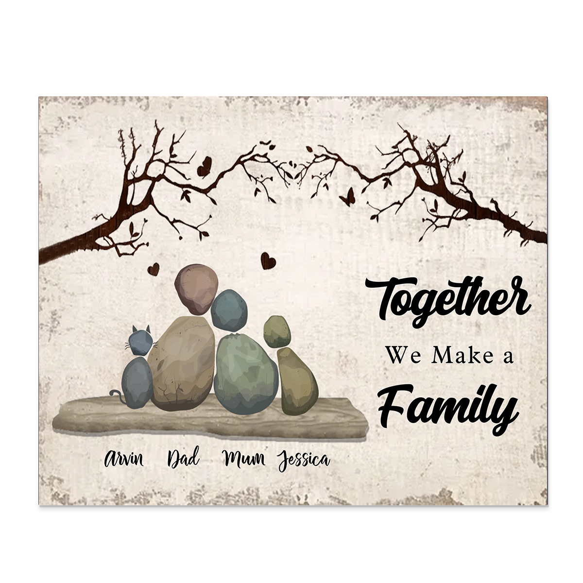 Personalised Wooden Pebble Family Plaque with Names for Couple or Family – “Together, we make a family”