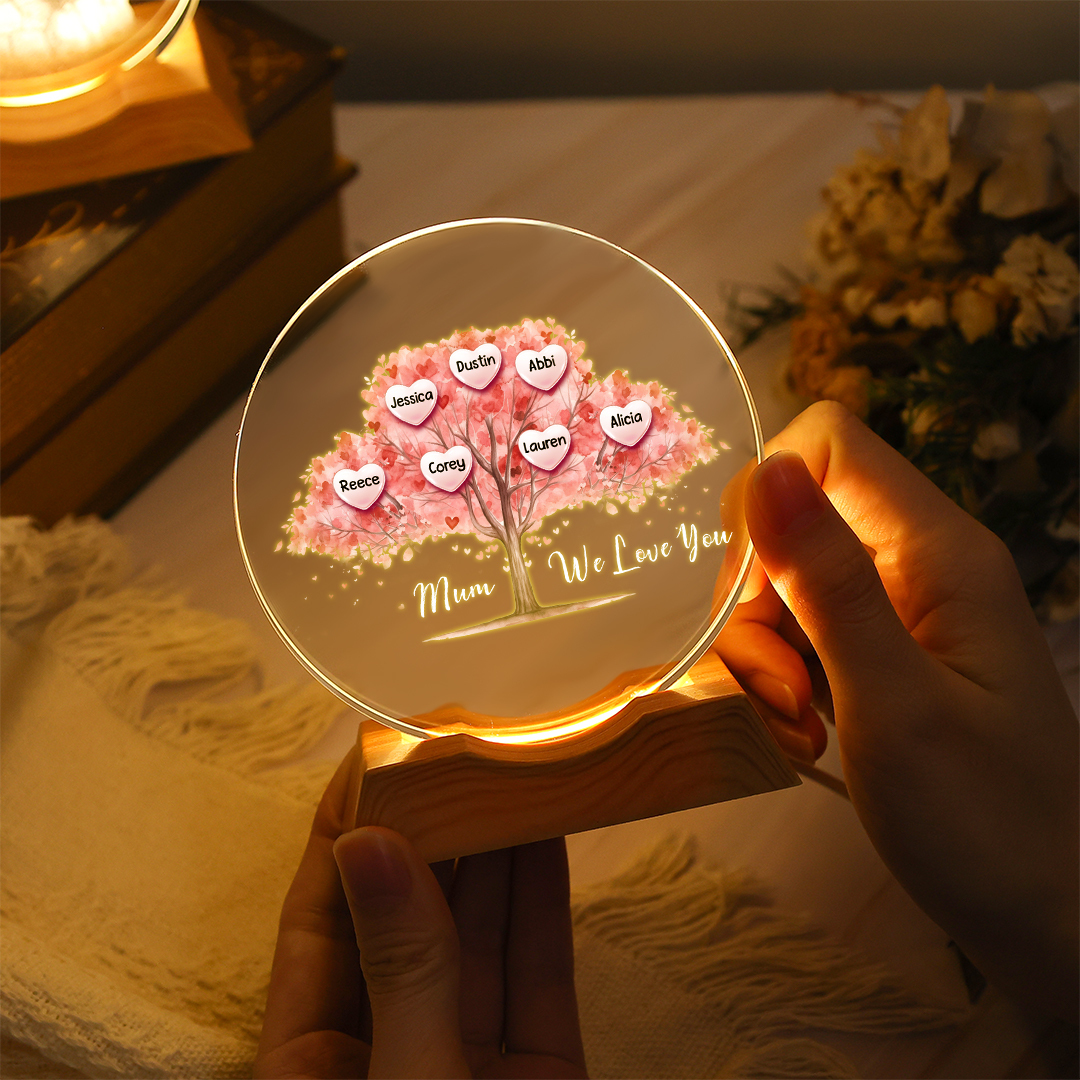 Personalised Family Tree LED Crystal Night Light with 1–7 Names for Mum