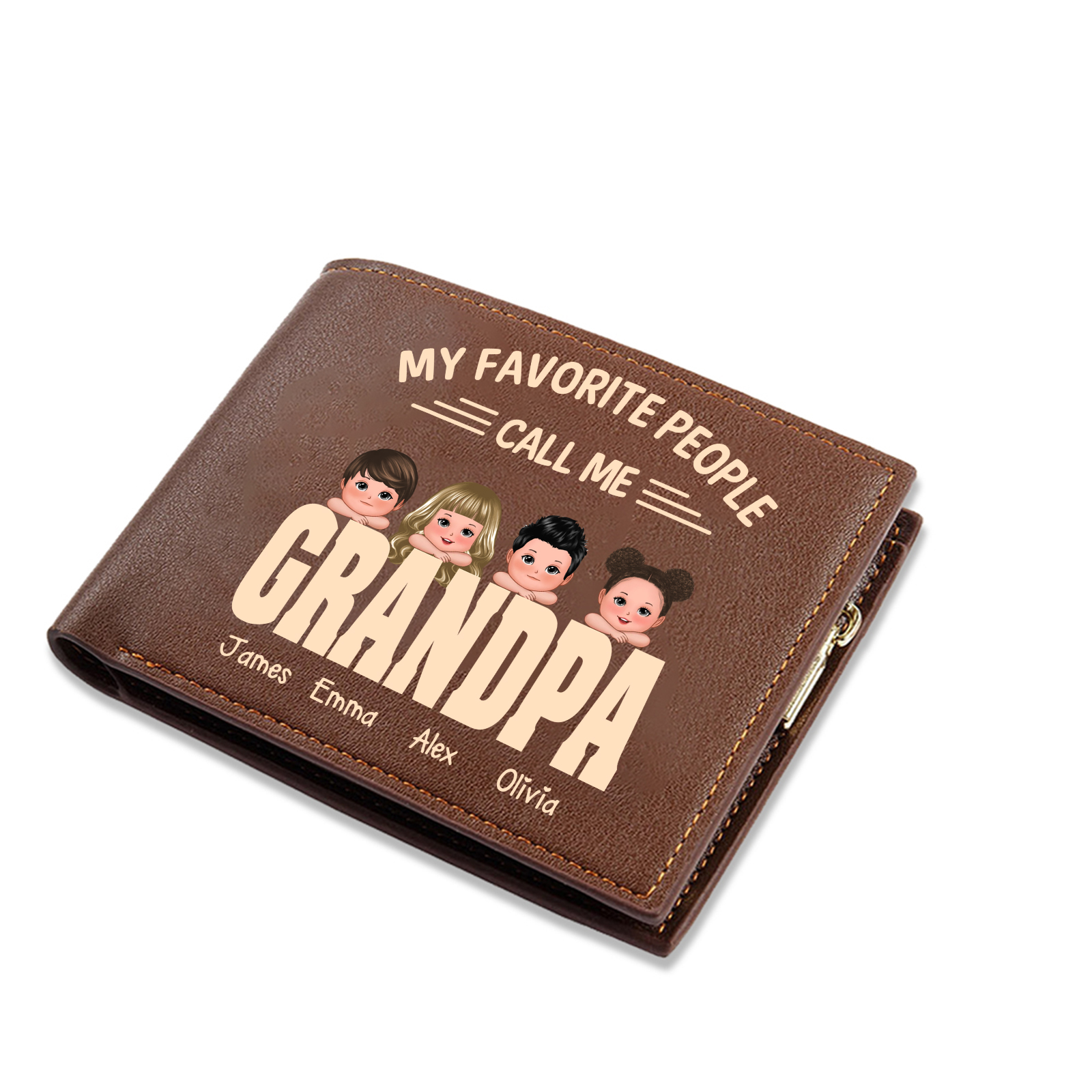 Gift Foy Grandpa - Personalised Leather Wallet with 1-6 Kids' Names printed with “My Favourite People Call Me Grandpa” | Jessemade