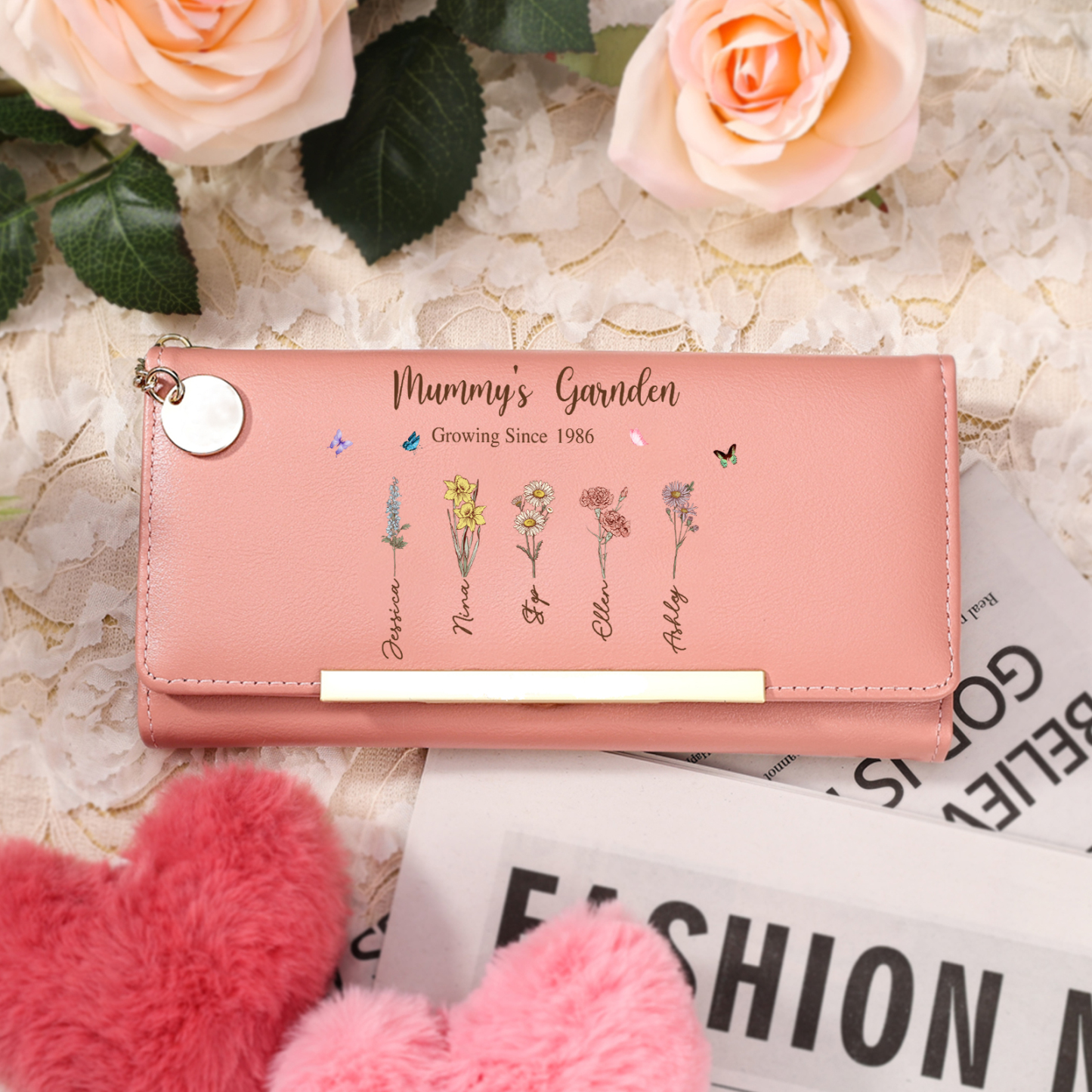 Personalised women’s leather wallet with 1 to 8 birth flowers and names, “Grandma’s Garden” leather wallet, Mother’s Day and birthday gift for mum, wife, grandma | Jessemade