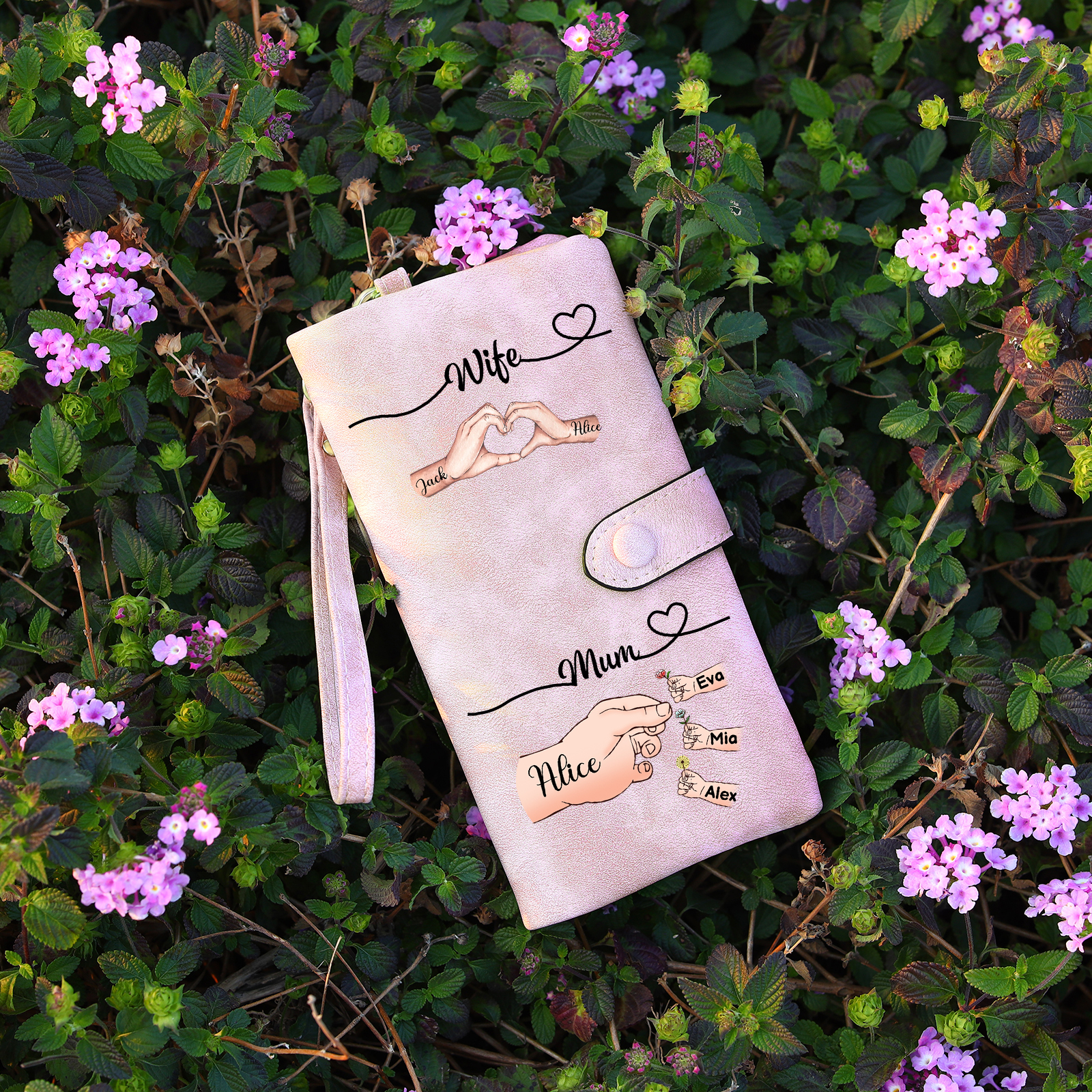 Personalised Hand Heart Women Wallet Customise 1-8 Kids Names Custom Gift for Wife Mum | Jessemade