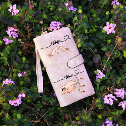 Personalised Hand Heart Women Wallet Customise 1-8 Kids Names Custom Gift for Wife Mum | Jessemade