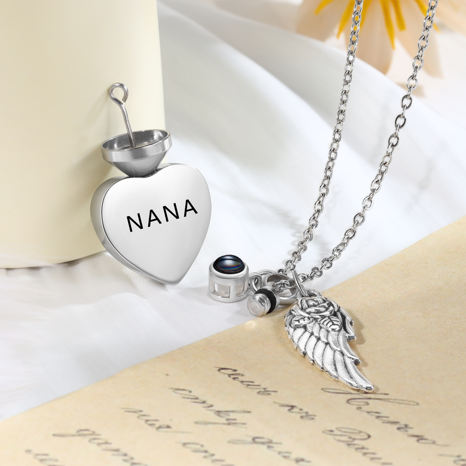 Personalised Memorial Heart Necklace with Angel Wing