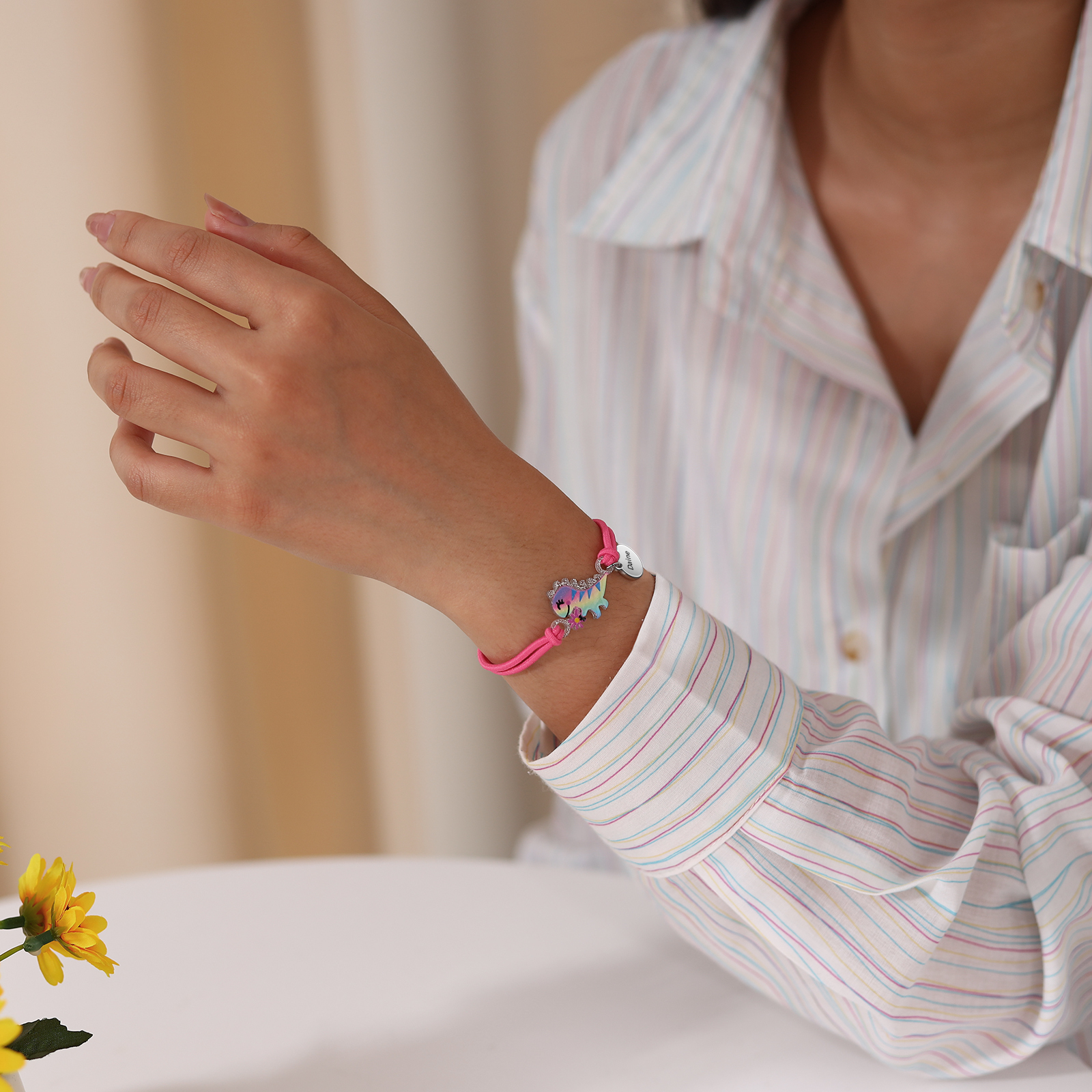 2 Pcs Bracelet Set Custom Names Purple Dinosaur Charm Hair Ties Back To School Gift for Kids - My Heart Will Be With You Throughout The Day-Jessemade AU