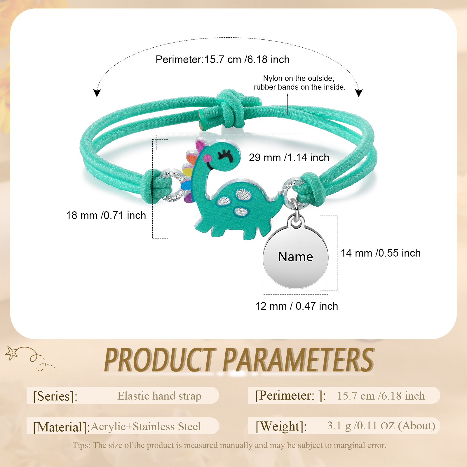 2 Pcs Bracelet Set Custom Names Green Dinosaur Charm Hair Ties Back To School Gift for Kids - My Heart Will Be With You Throughout The Day-Jessemade AU