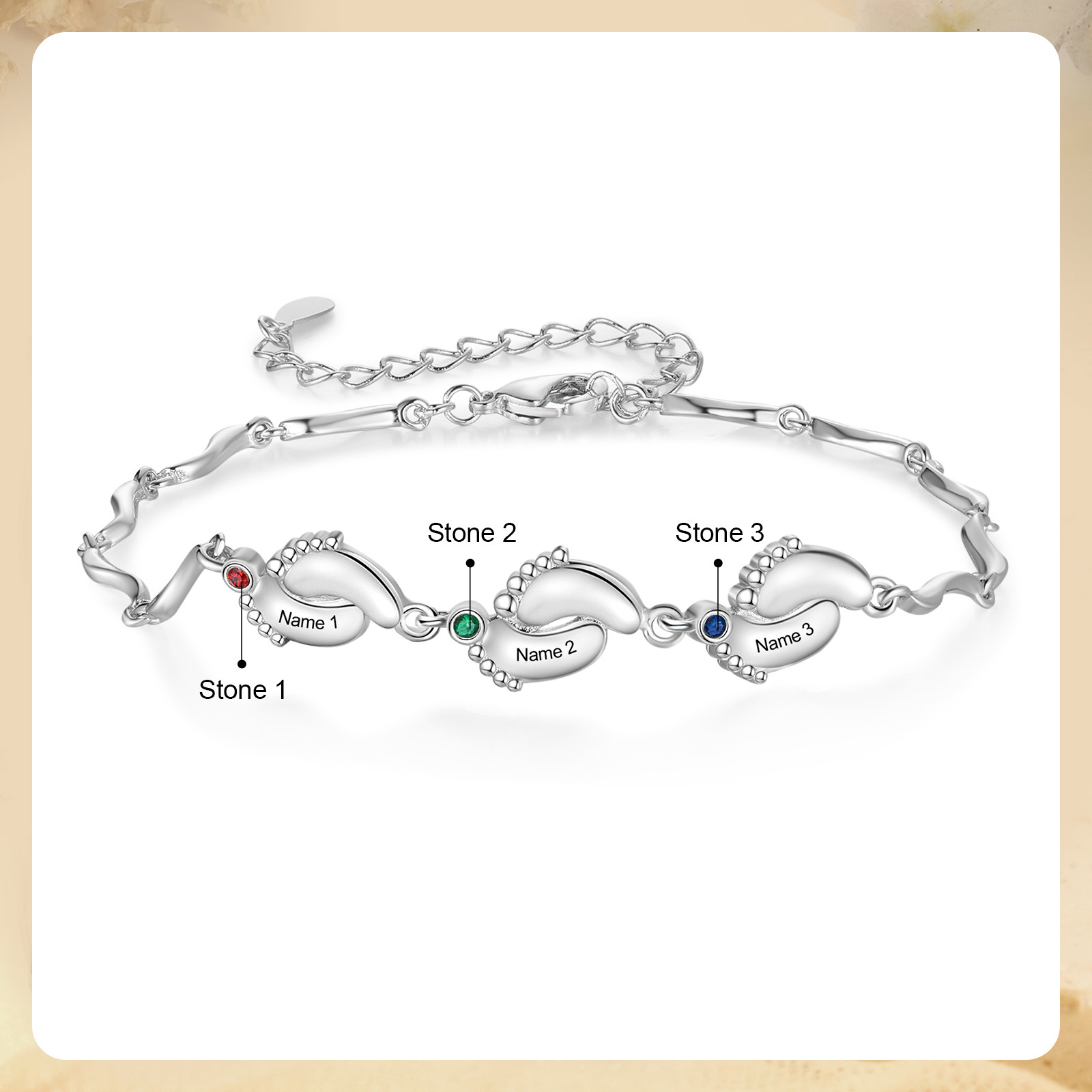 Personalised Baby Feet Bracelet Custom 3 Birthstones & 3 Names Adjustable Bracelet Gift for Her-Jessemade AU
