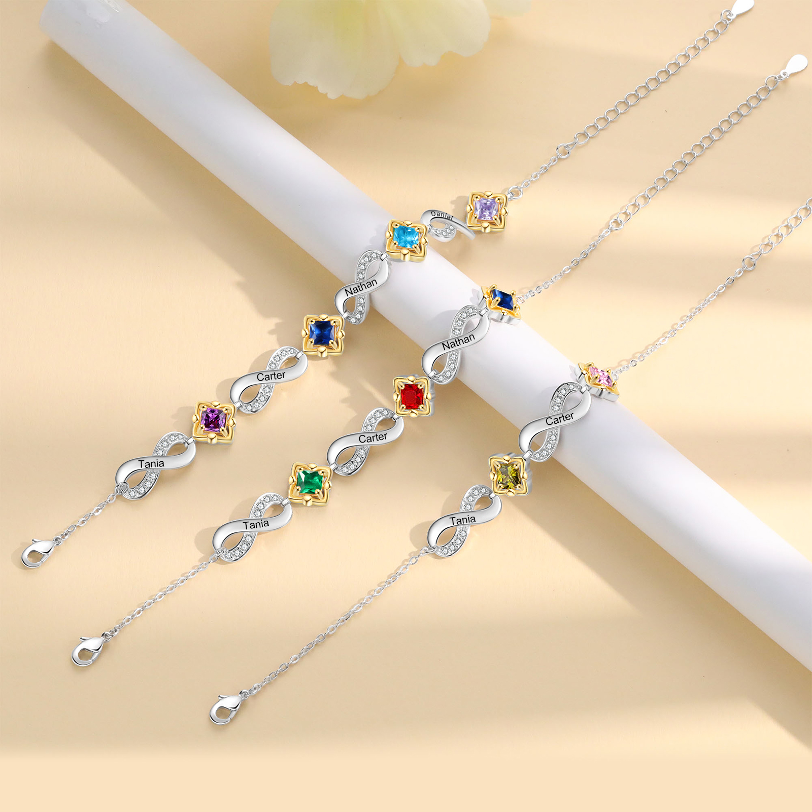 Personalised Infinity Bracelet with Custom 4 Names and Birthstones Elegant Gift for Her