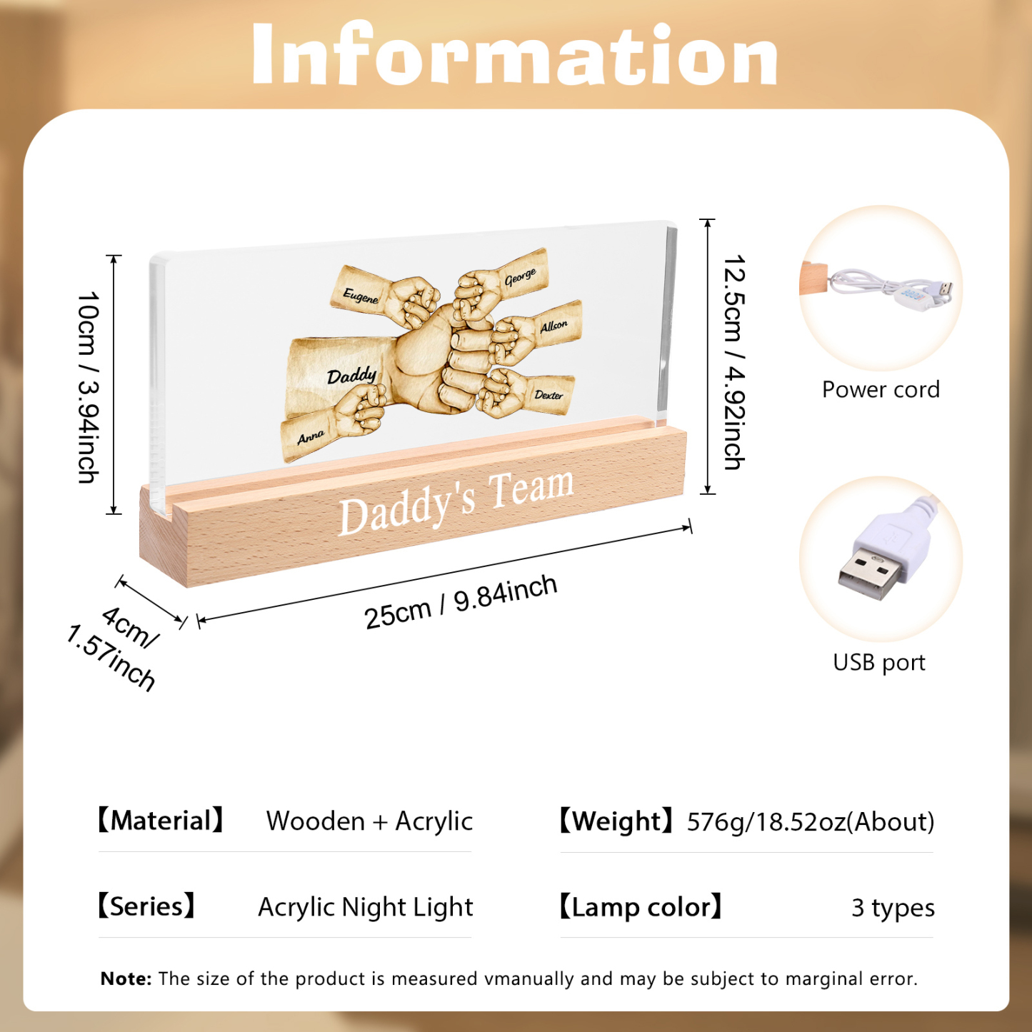 6 Names -  Personalised Name & Text Acrylic Night Light Custom Fist Bump LED Lamp Fathers Day Gifts-Jessemade AU