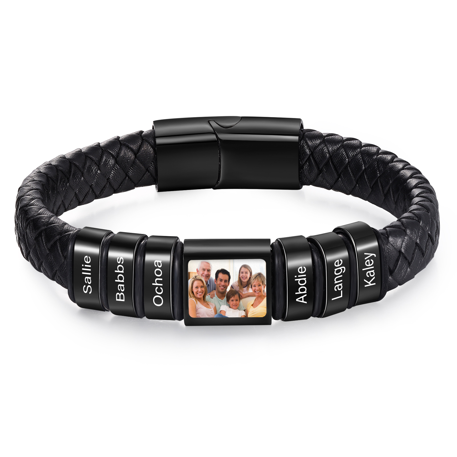 Personalised Men's Leather Bracelet Custom 1 Photo & 1–6 Names Black Silver Gift for Him-Jessemade AU