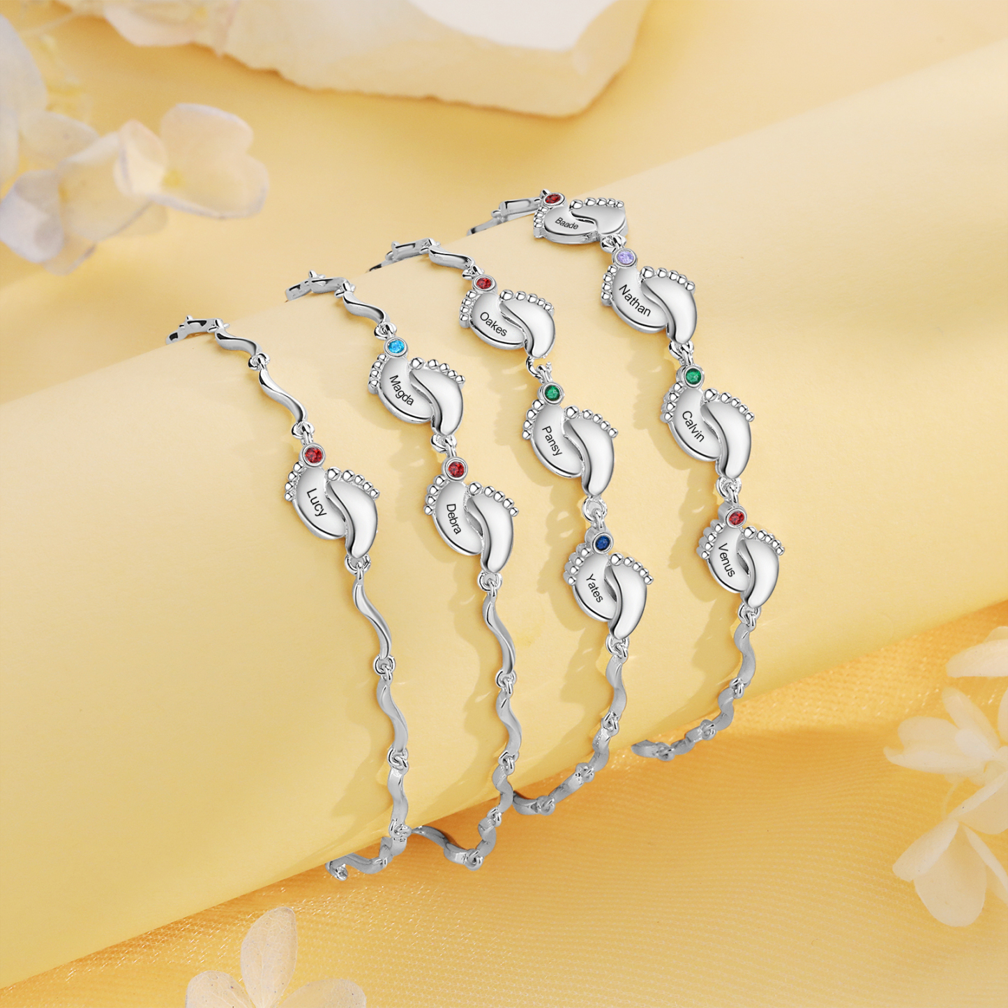 Personalised Baby Feet Bracelet Custom 4 Birthstones & 4 Names Adjustable Bracelet Gift for Her-Jessemade AU