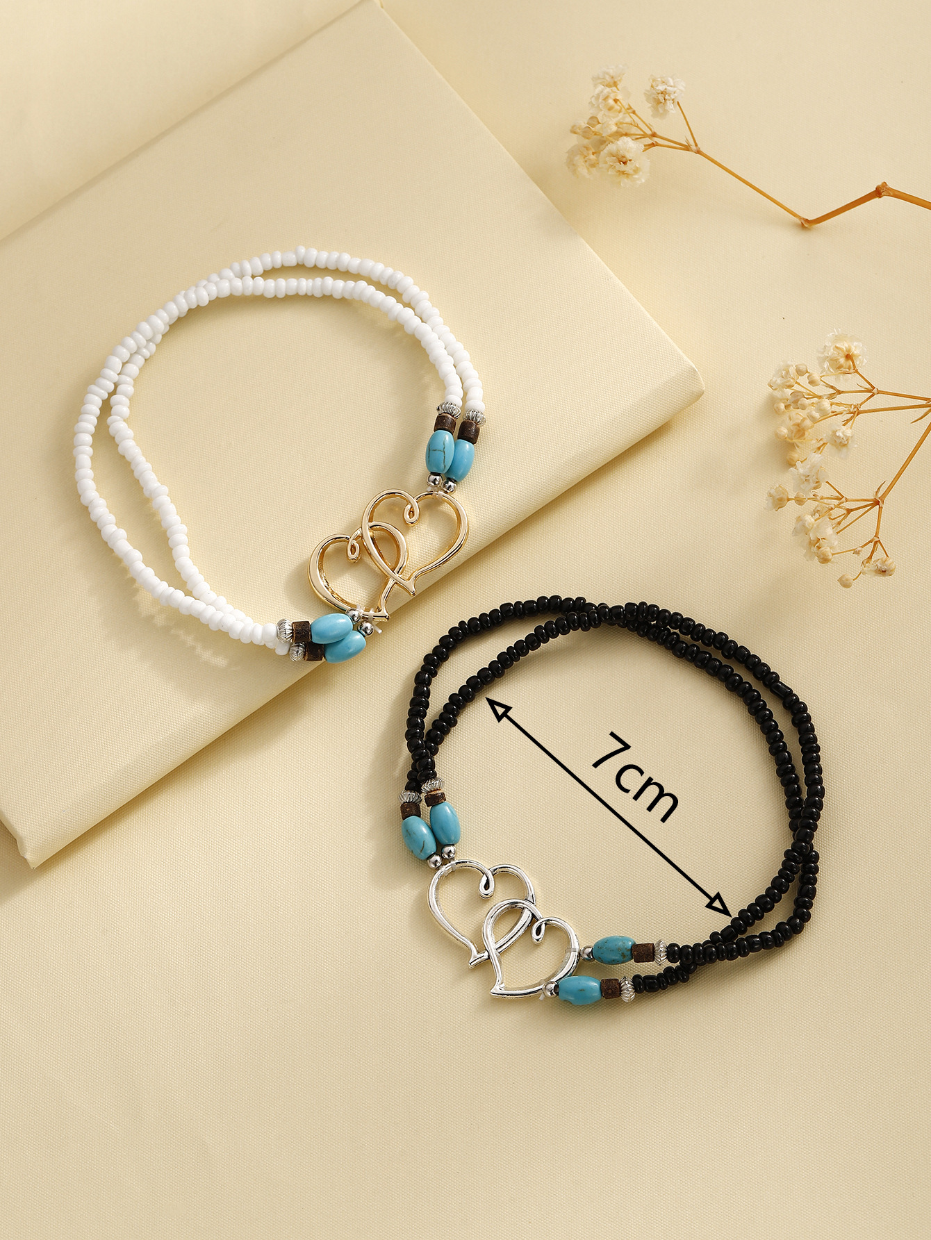 Personalized Double Heart Beaded Bracelet with Turquoise Accents Anklets-Jessemade AU