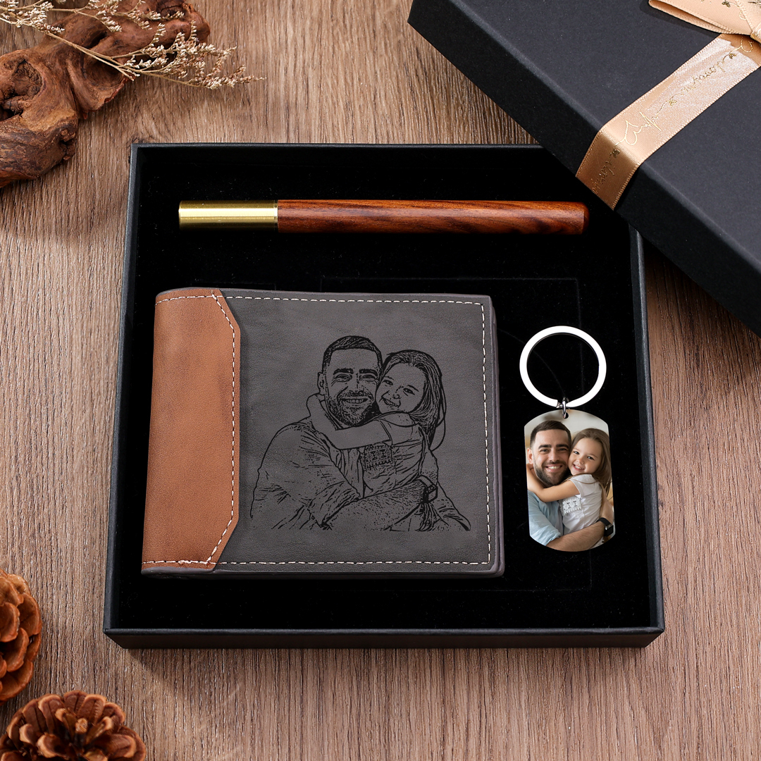 Personalised 2 Names & 1 Letter & 2 Photos Fist Bump Gift Set Custom Wallet & Keychain & Pen Dad Gift Box Set Fathers Day Gift-Jessemade AU