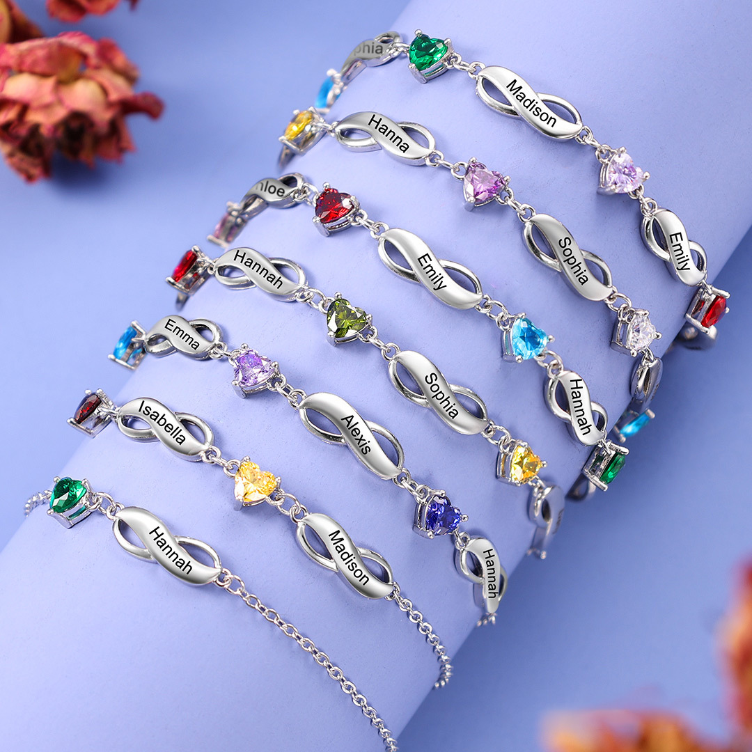 Personalised Infinity Bracelet With 4 Birthstones Engraved Names Bracelet Gift For Women-Jessemade AU