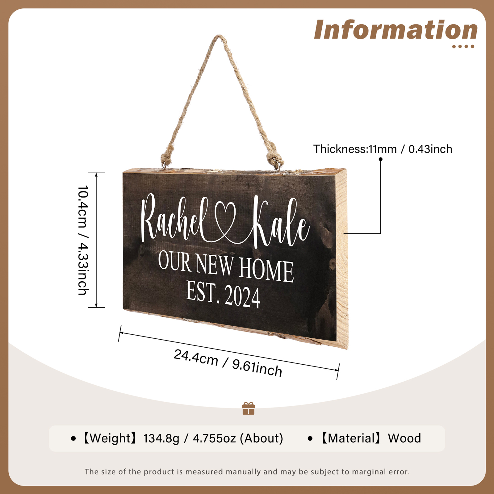 Personalised 2 Names Rectangle Hanging Ornament Custom Text & Date Wooden Sign Home Decor Gifts for Couple-Jessemade AU