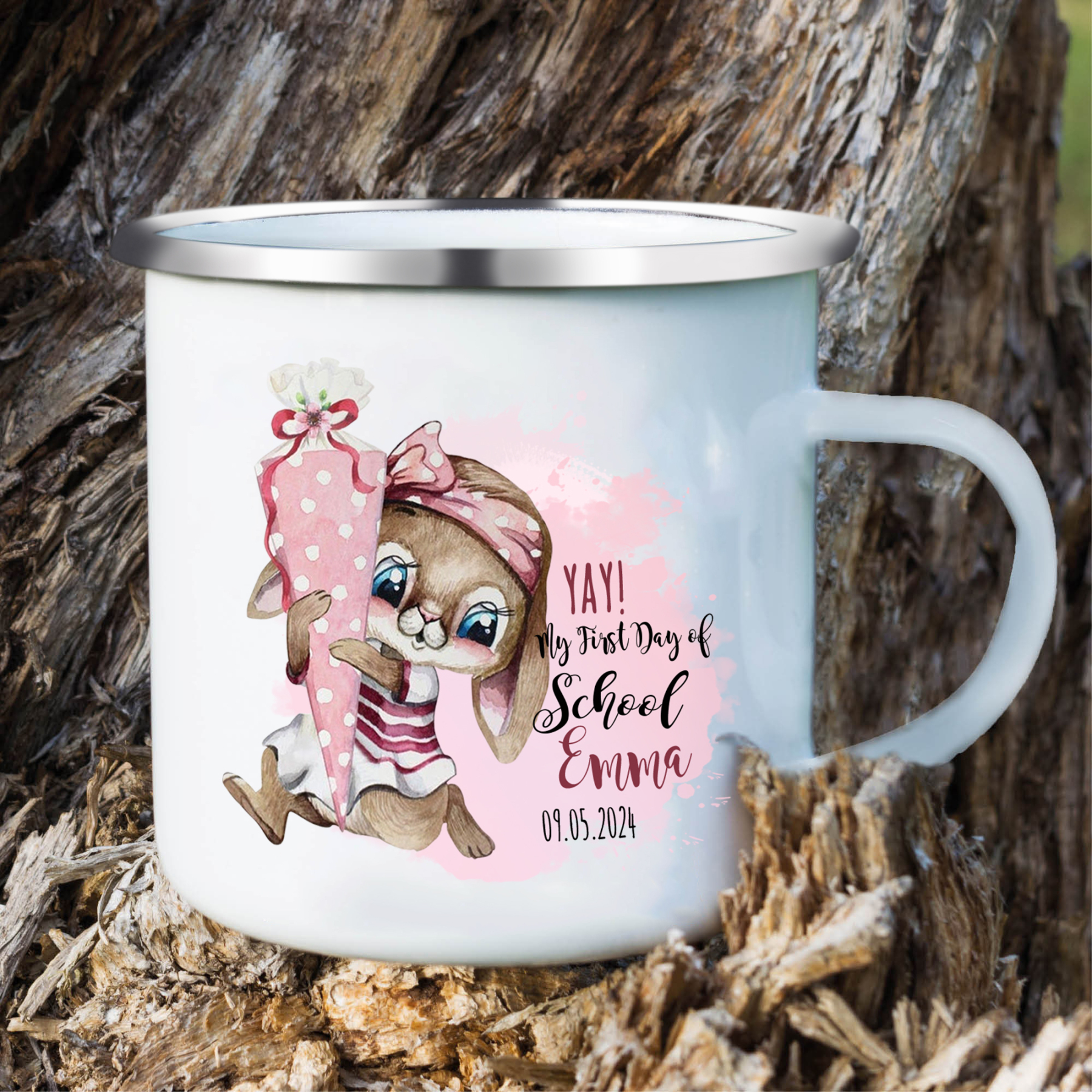 Personalised Enamel Mug Custom Name & Date Bunny Cup Back to School Gift for Daughter  - Yay, My First Day Of School-Jessemade AU