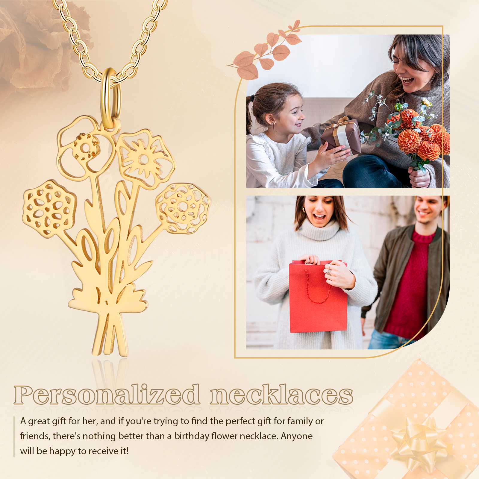 Personalised 4 Birthday Flowers Necklace Custom Pendant Necklace Gold Birthday Gift for Her-Jessemade AU