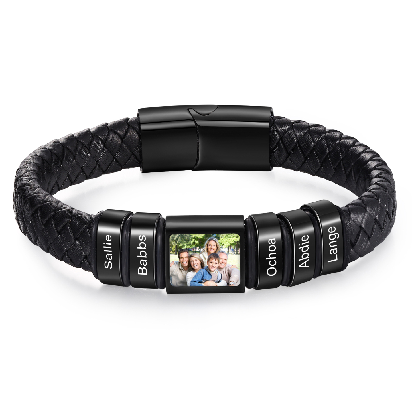 Personalised Men's Leather Bracelet Custom 1 Photo & 1–6 Names Black Silver Gift for Him-Jessemade AU
