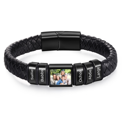 Personalised Men's Leather Bracelet Custom 1 Photo & 1–6 Names Black Silver Gift for Him-Jessemade AU