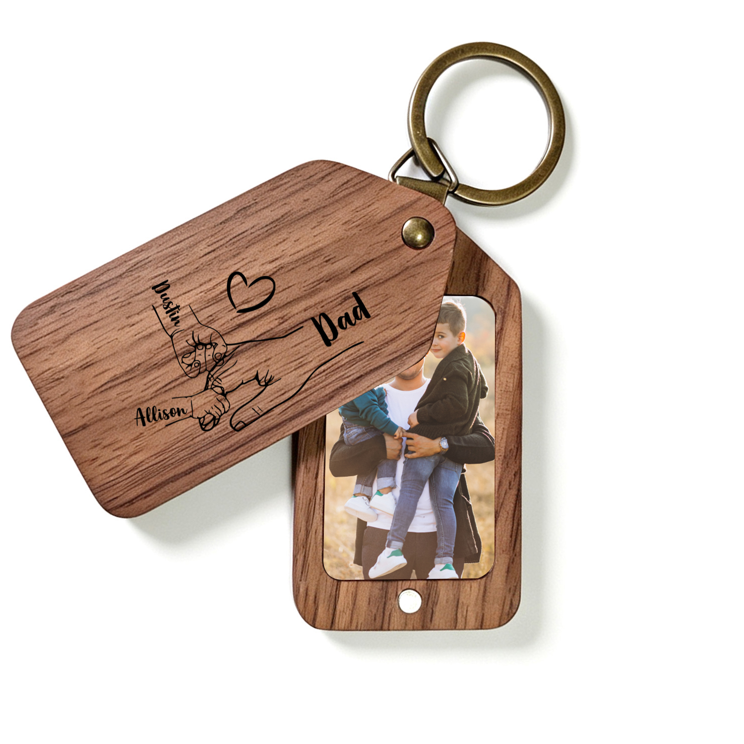 Personalised Wooden Photo Keyring with 2–6 Names, Father's Day Gift for Dad
