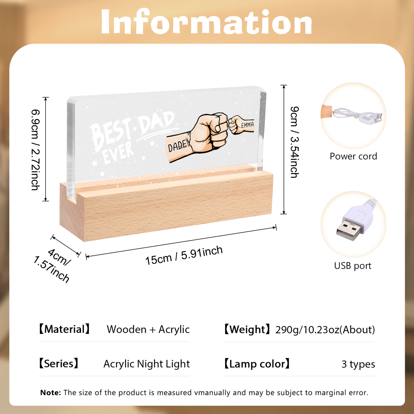 Best Dad Ever - Personalised 2 Names Acrylic Night Light Custom Fist Bump LED Lamp Fathers Day Gifts-Jessemade AU