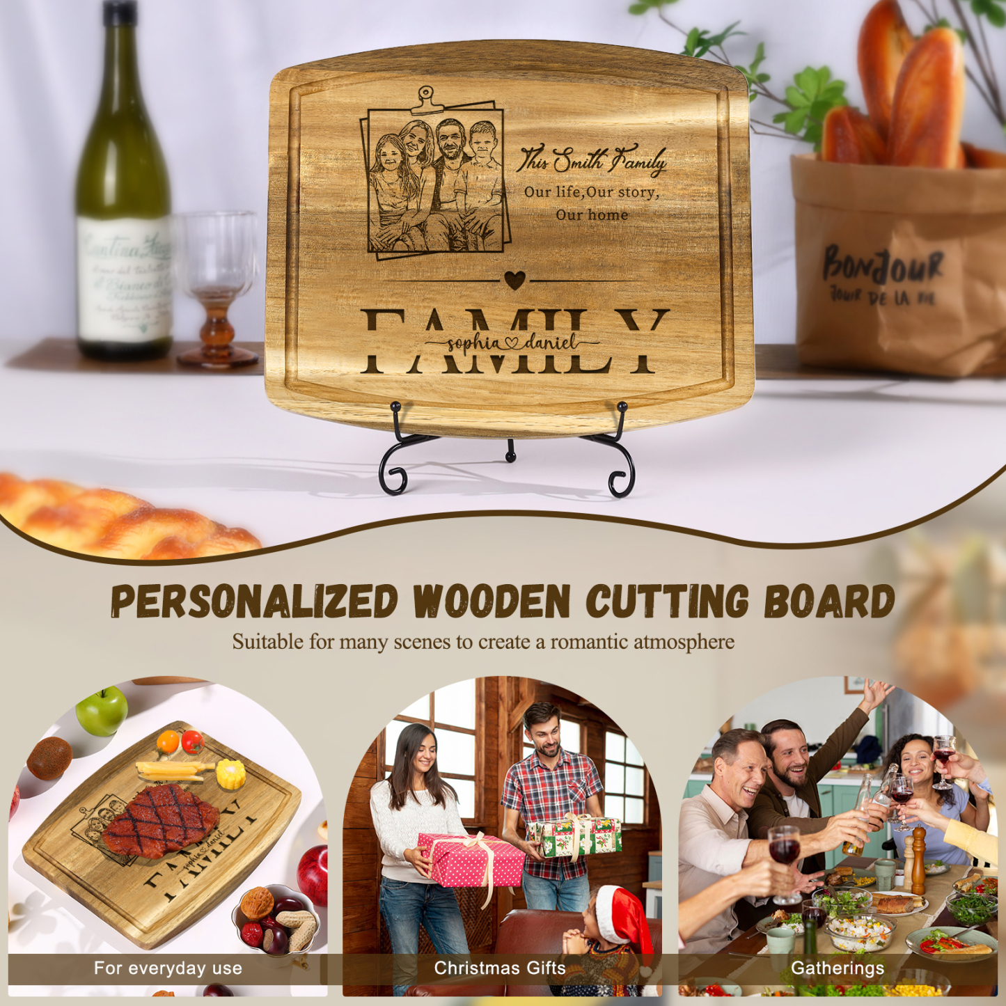 Personalised Family Cutting Board Custom 1 Photo & 2 Texts & 2 Names Cutting Board Creative Gifts-Jessemade AU