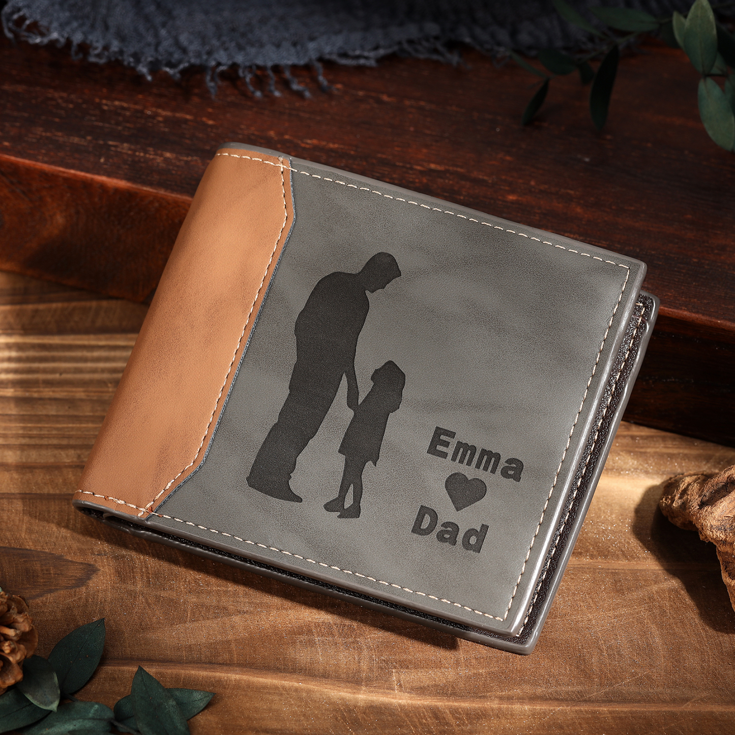 2 Names & 1 Text Personalised PU Leather Wallet for Dad – Custom Name Family Gift with Silhouette Design | Jessemade