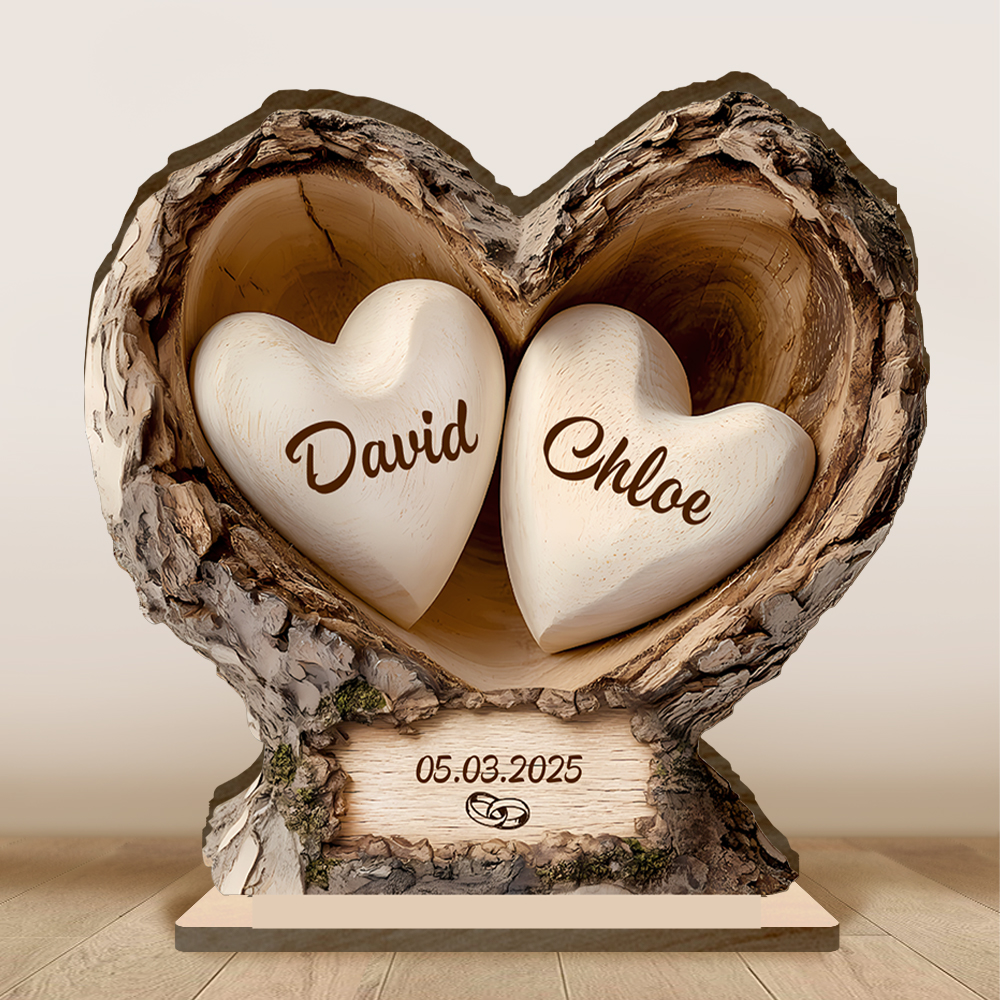 Personalised Wooden Heart-Shaped Tree Trunk Plaque with Stable Base for a Couple