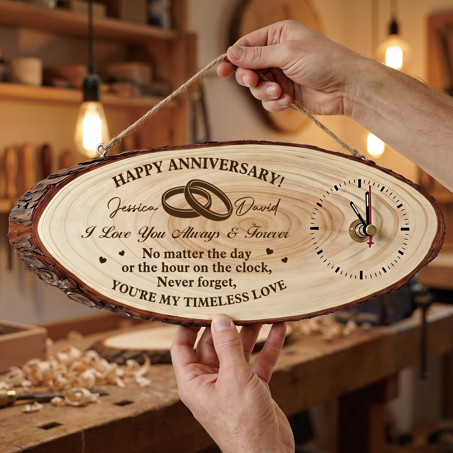 Personalised Wooden Clock Plaque for Couple with 2 Names and Message – Romantic Wedding Anniversary Gift