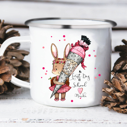 Personalised Enamel Mug Custom 1 Name Bunny Cup Back to School Gift for Girls - My First Day Of School-Jessemade AU