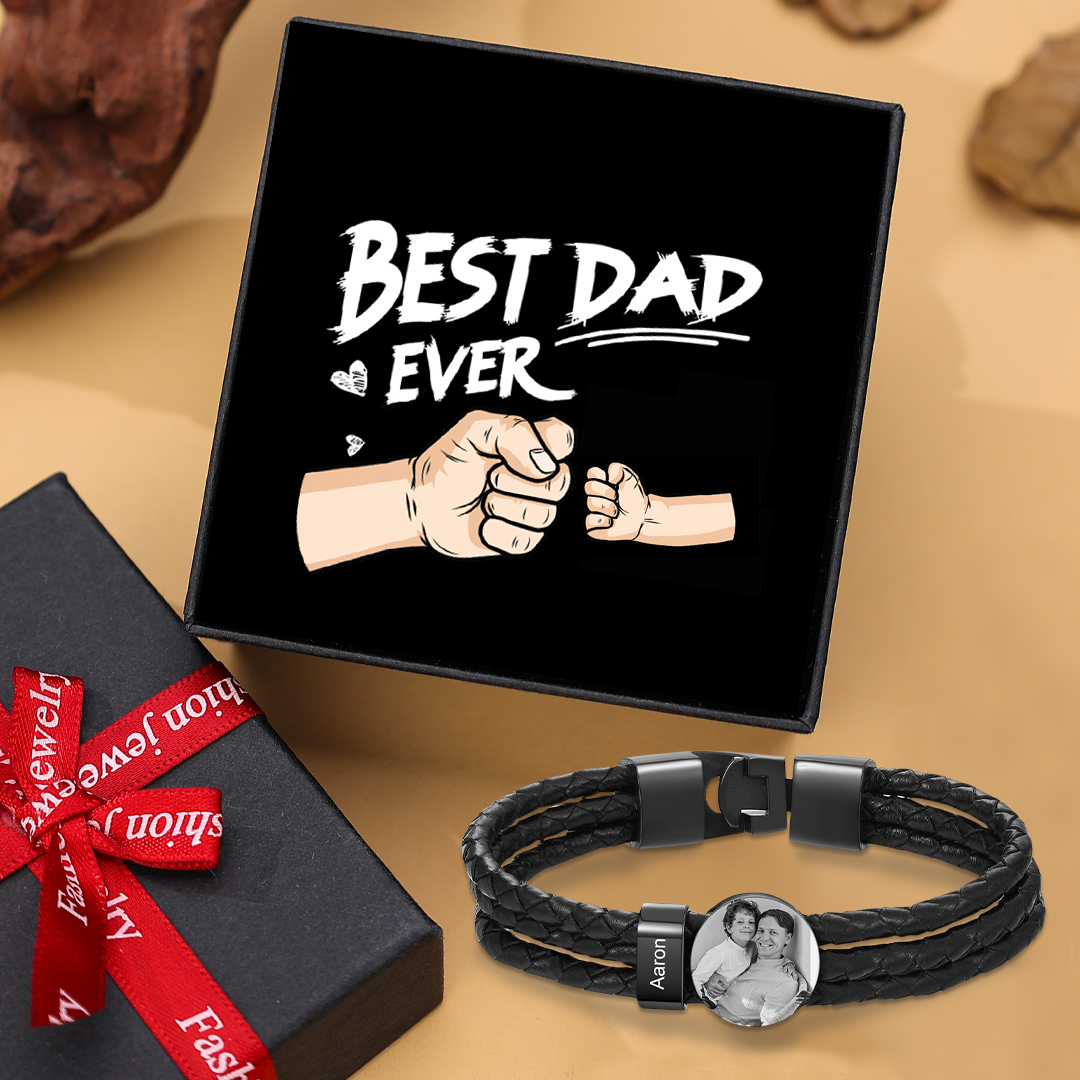 Personalised Men's Leather Bracelet Custom 1 Name & 1 Photo Braided Bracelet Father's Day Gifts for Him-Jessemade AU