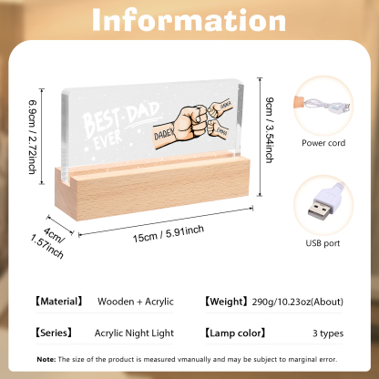 Best Dad Ever - Personalised 3 Names Acrylic Night Light Custom Fist Bump LED Lamp Fathers Day Gifts-Jessemade AU