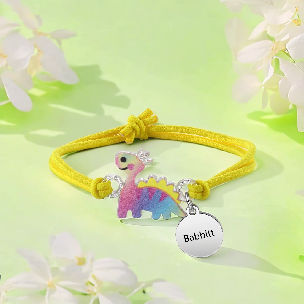 2 Pcs Bracelet Set Custom Names Yellow Dinosaur Charm Hair Ties Back To School Gift for Girls - My Heart Will Be With You Throughout The Day-Jessemade AU