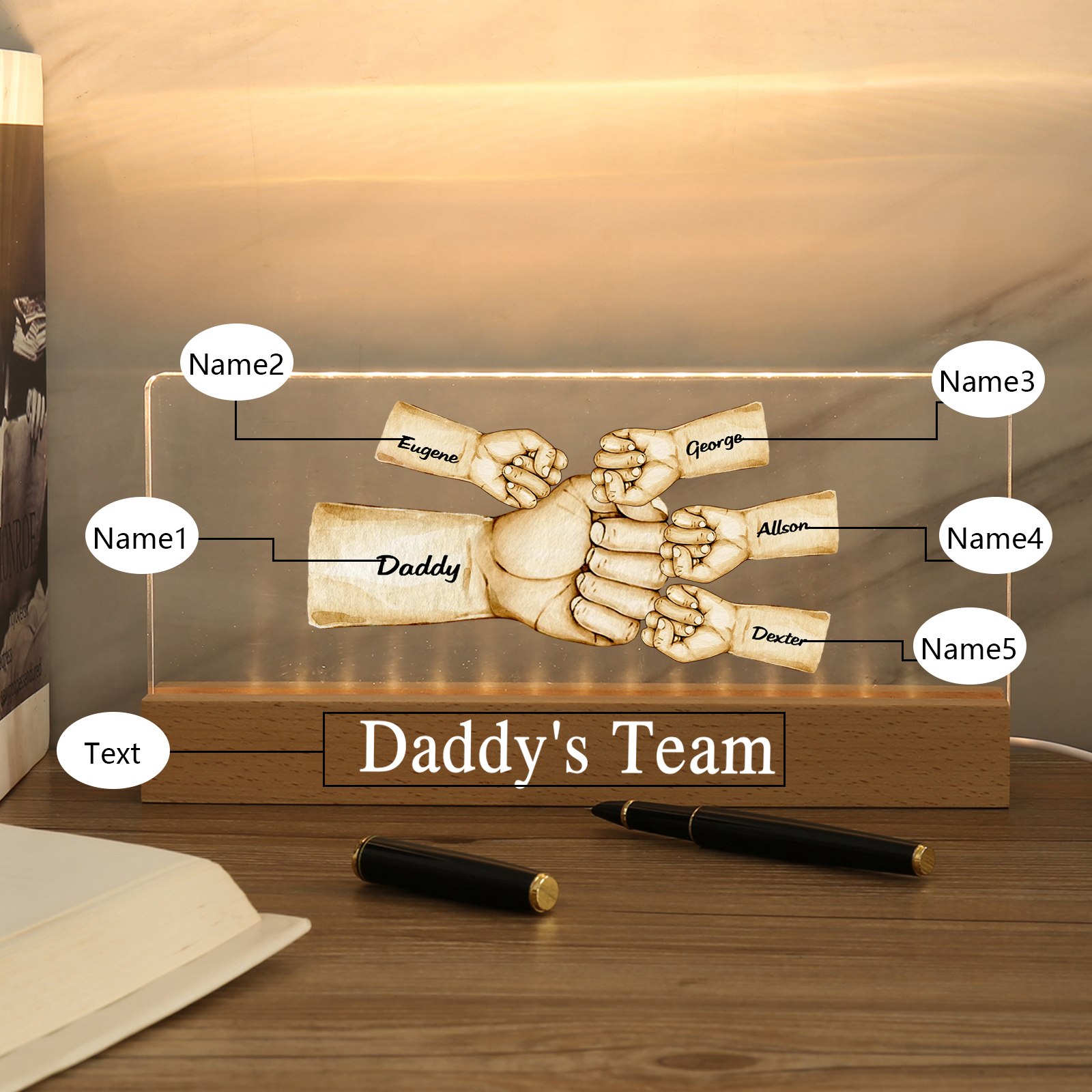 5 Names -  Personalised Name & Text Acrylic Night Light Custom Fist Bump LED Lamp Fathers Day Gifts-Jessemade AU