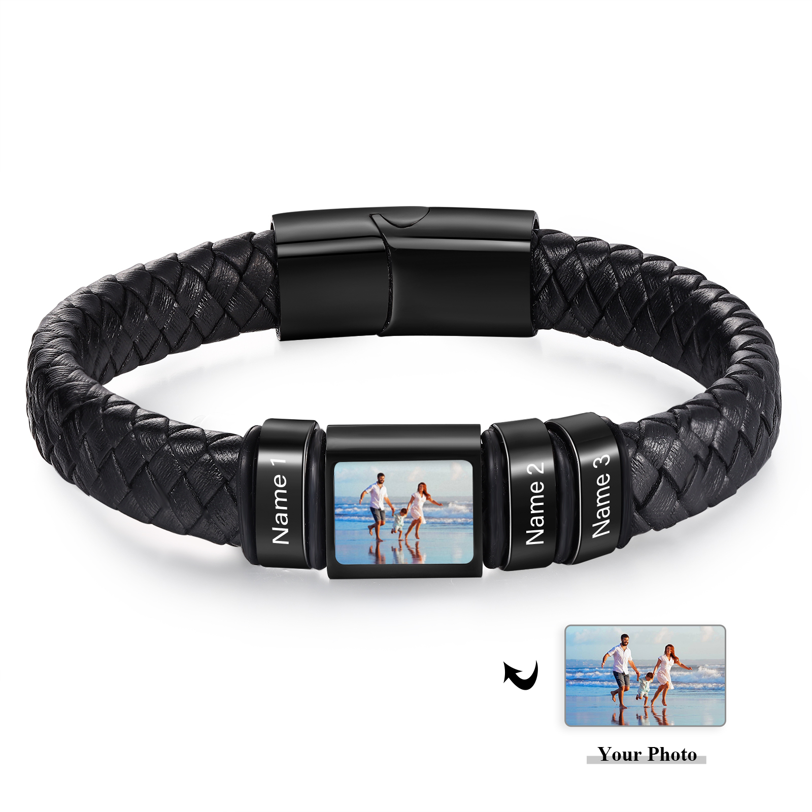 Personalised Men's Leather Bracelet Custom 1 Photo & 1–6 Names Black Silver Gift for Him-Jessemade AU
