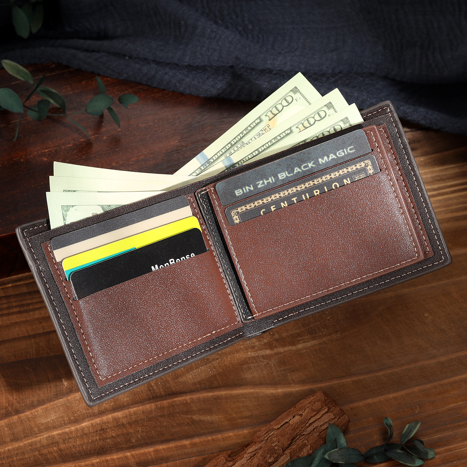 2 Names & 1 Text Personalised PU Leather Wallet for Dad – Custom Name Family Gift with Silhouette Design | Jessemade