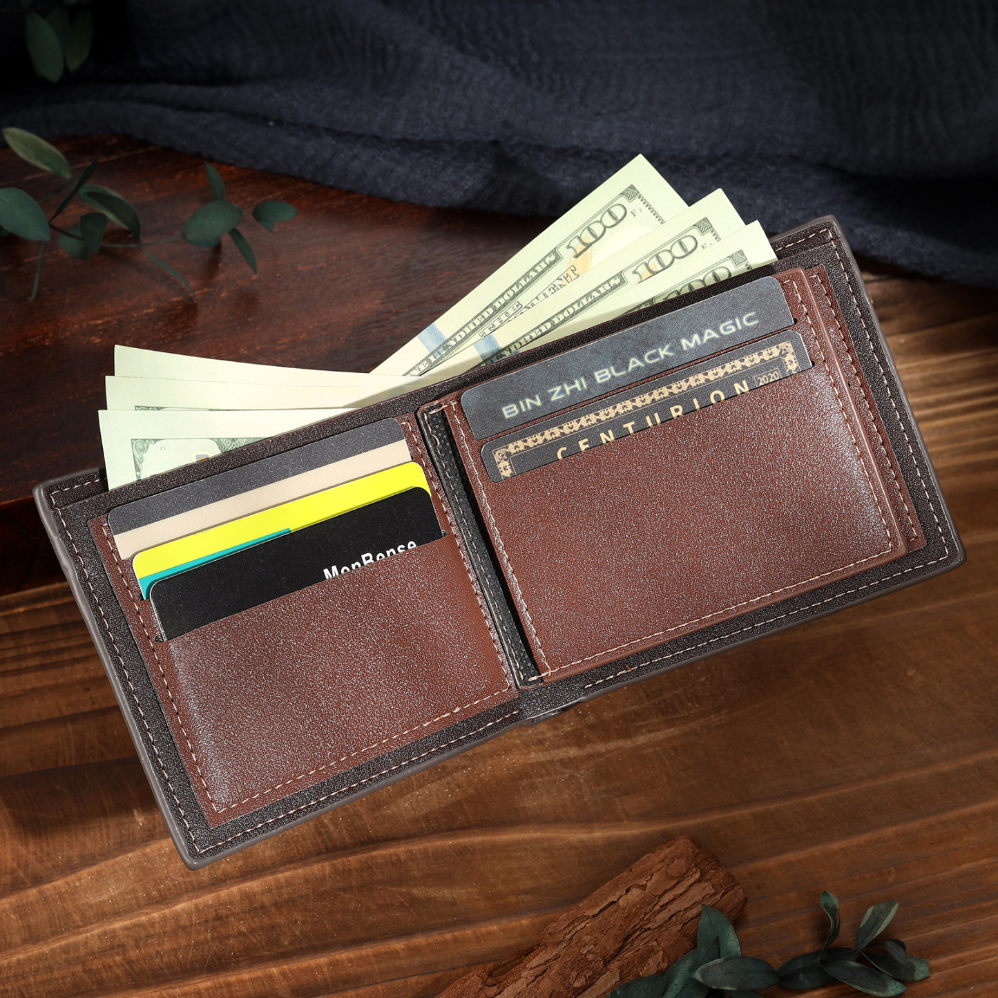 2 Names & 1 Text Personalised PU Leather Wallet for Dad – Custom Name Family Gift with Silhouette Design | Jessemade