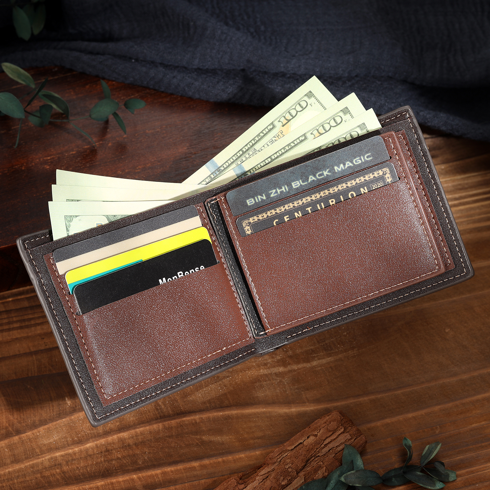 2 Names & 1 Text Personalised PU Leather Wallet for Dad – Custom Name Family Gift with Silhouette Design | Jessemade