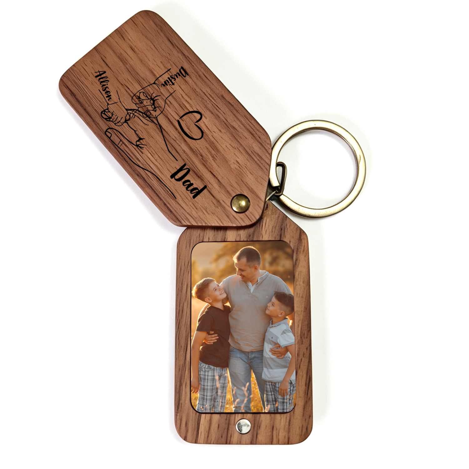 Personalised Wooden Photo Keyring with 2–6 Names, Father's Day Gift for Dad