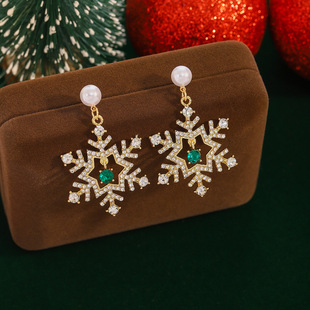 Christmas Snowflake Drop Earrings with Pearl Festive Holiday Gift-Jessemade AU